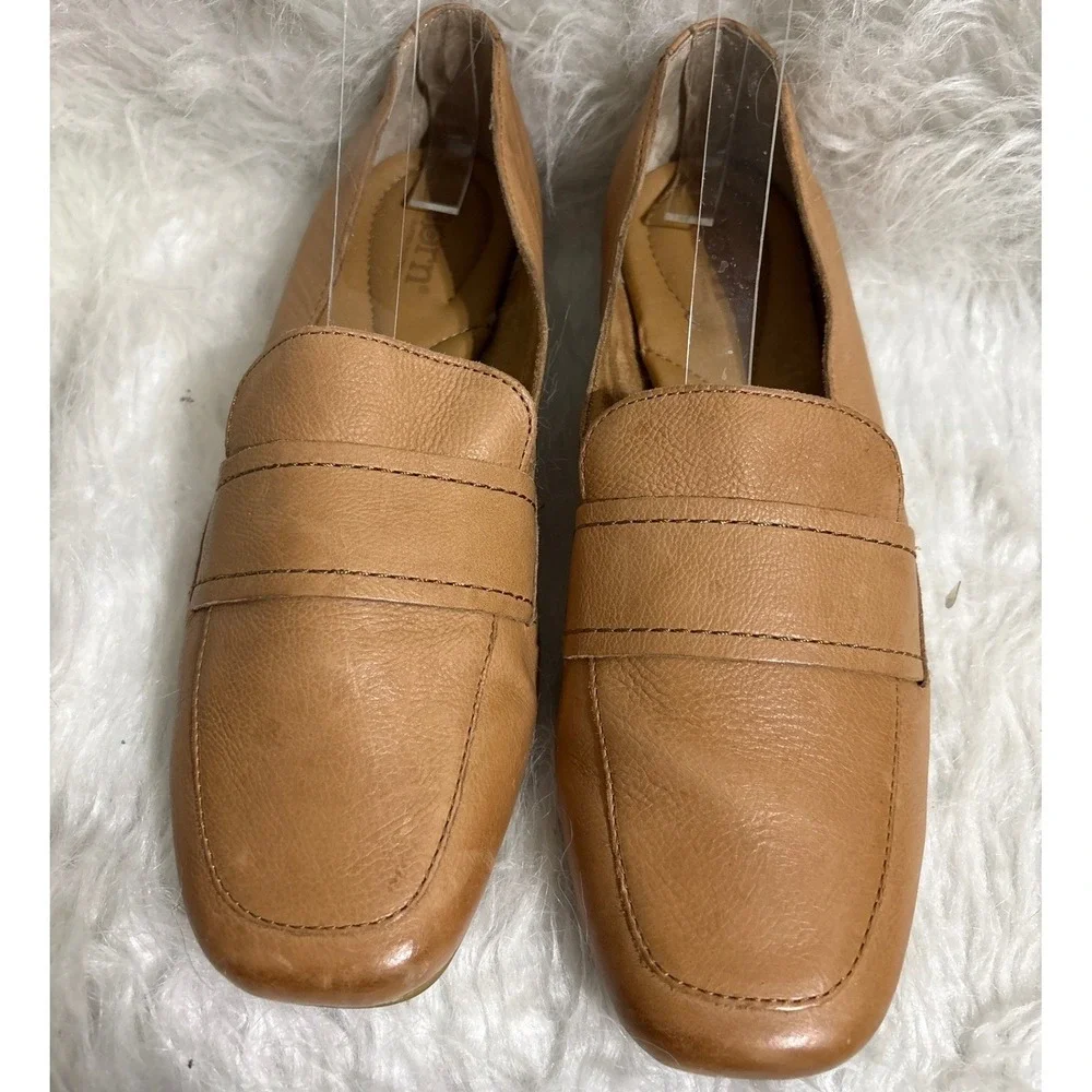 Born Tan Leather Penny Loafers Square Toe Slip On Flats Womens 8.5M BR0041102